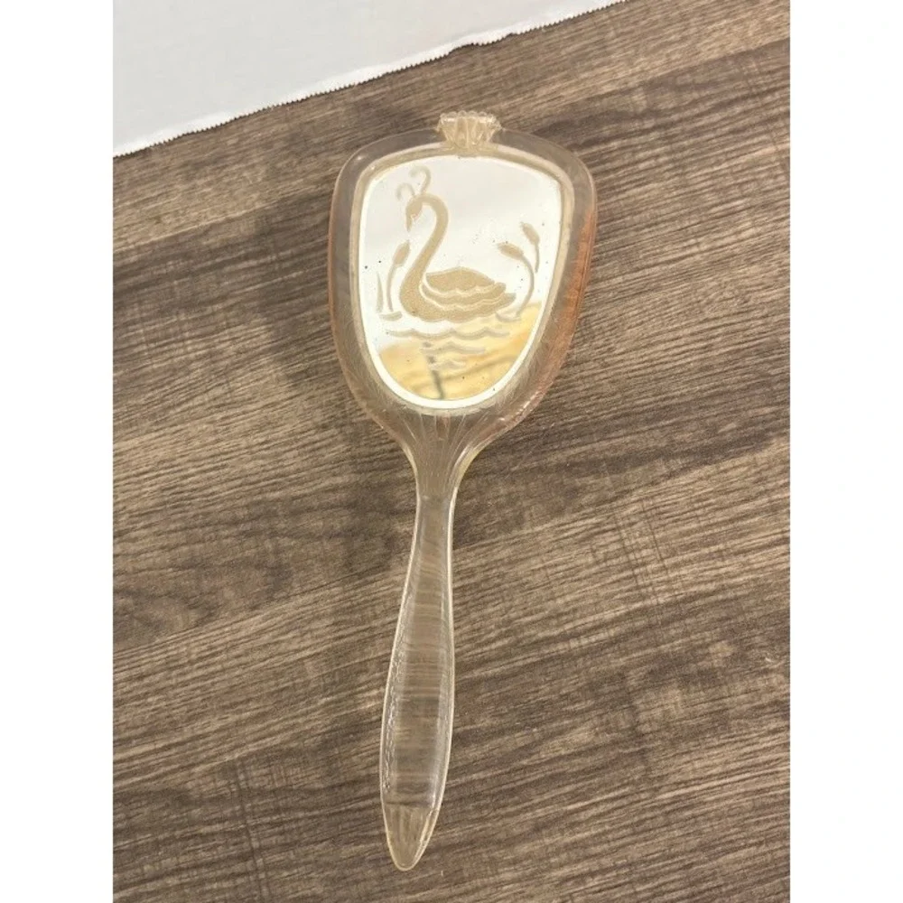 Vintage Lucite Hair Brush Etched Swan Design Clear Plastic Made in USA 10.5 Inch